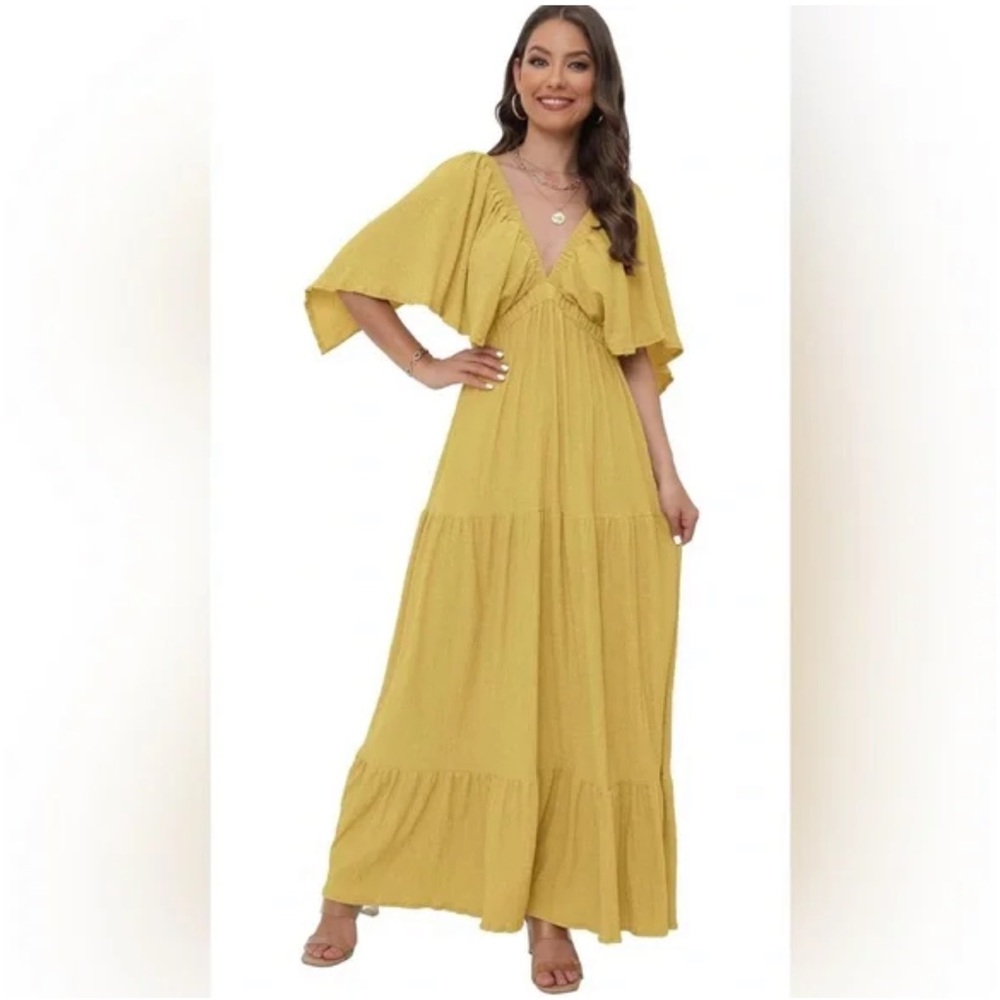 SUNNOW Women's Summer Maxi Dress Flowy Loose Fit V-Neck Tiered Yellow Size M NEW - Picture 2 of 14